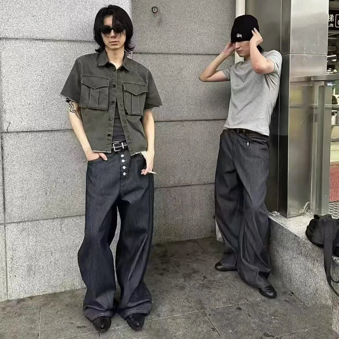 MWJLPWQ Button Design Machete Denim Baggy Jeans Men's High Street Edge Selvedge Niched Hiphop Loose Long Wide Leg Pants 12377
