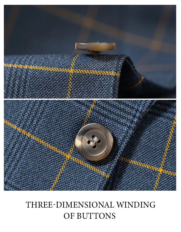 High Quality 3 Piece Checkered Suit Set Dark Blue Stylish Business Office Wedding Formal Outfit Elegant Full Man Dinner Suit