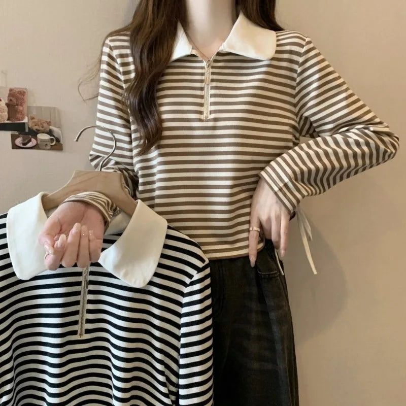 Women's Autumn Polo Shirt 2026 Striped Long Sleeve Drawstring Teddy Bear Collar Slimming T-Shirt