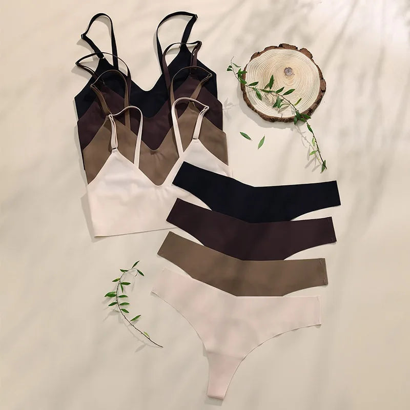 Seamless Bra Set Women Lingerie Set V-Shape Low Waist Thong Panties V-neck Bralette Wireless Brassiere Female Sexy Underwear Set