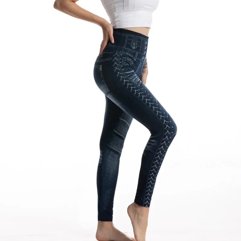 High Waist Faux Denim Jean Leggings Slim Elastic Seamless Skinny Pencil Pant Summer Female Workout Fashion Denim Jeans Leggings