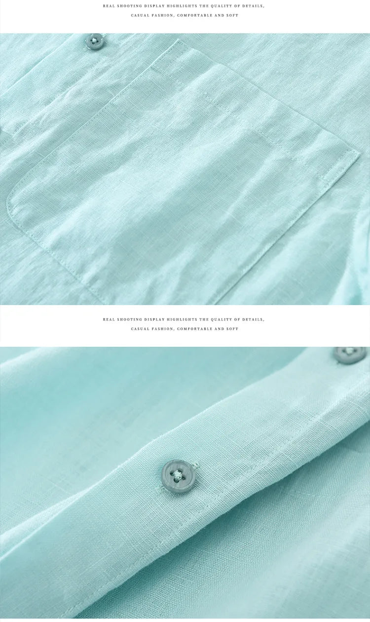 100% Linen Short Sleeve Shirt for Men Breathable Summer Casual Top Minimalist Loose Fit Button-Up Shirt  Natural Wrinkle Texture