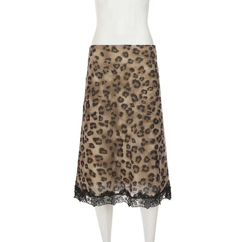 Talenza Summer Leopard Print Midi Skirts Sexy Women's Lace Patchwork Slim Skirts Fashion New Vintage Vacation Clubwear Y2K Skirt
