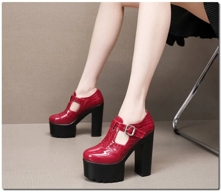 14cm Small Size 32-43 Elegant Patent Leather Mary Janes Chunky Platform Pumps 2025 Spring Block High Heels Shoes for Model Dress
