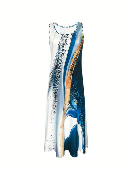 Dresses for Woman Women's Sleeveless with Design-inspired Green Block Pattern Maxi Dress Casual Summer Vacation Style Round Neck