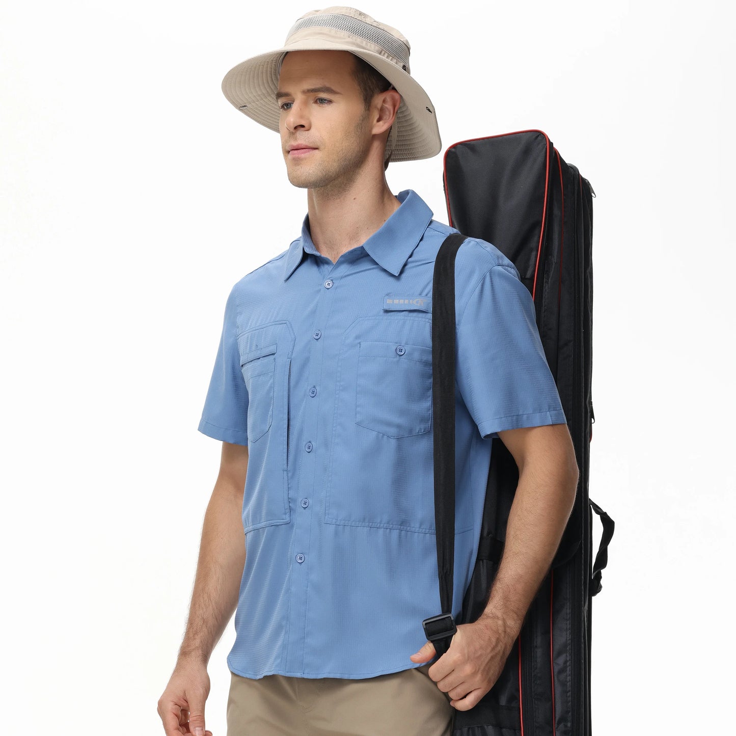 Summer Men's UPF 50+ Fishing Shirts, Lightweight Breathable Short Sleeve Cargo Shirt, Button Down Tactical Shirts Workout