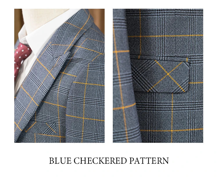 High Quality 3 Piece Checkered Suit Set Dark Blue Stylish Business Office Wedding Formal Outfit Elegant Full Man Dinner Suit
