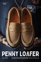 Maden Men's Vintage Suede Cowhide Penny Loafers Old Money Style Slip-On Shoes Brown Dress Casual Low Top Boots for Fall