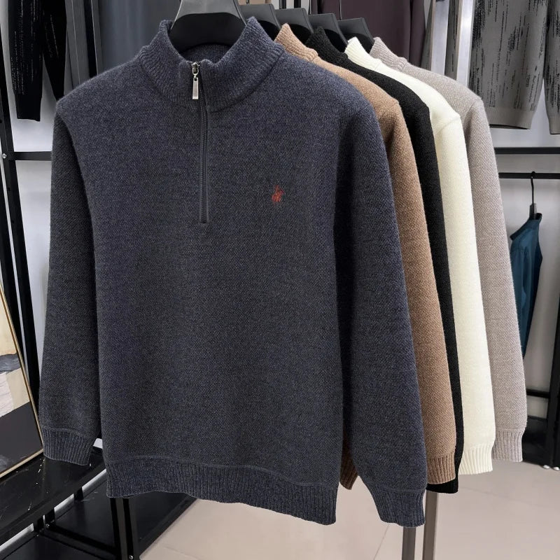 Luxury Quality Men Long-Sleeved Knitwear Mock Neck Half-Zip Thicken Horse Embroidery Spring New Pullover Fashion Casual MensWear
