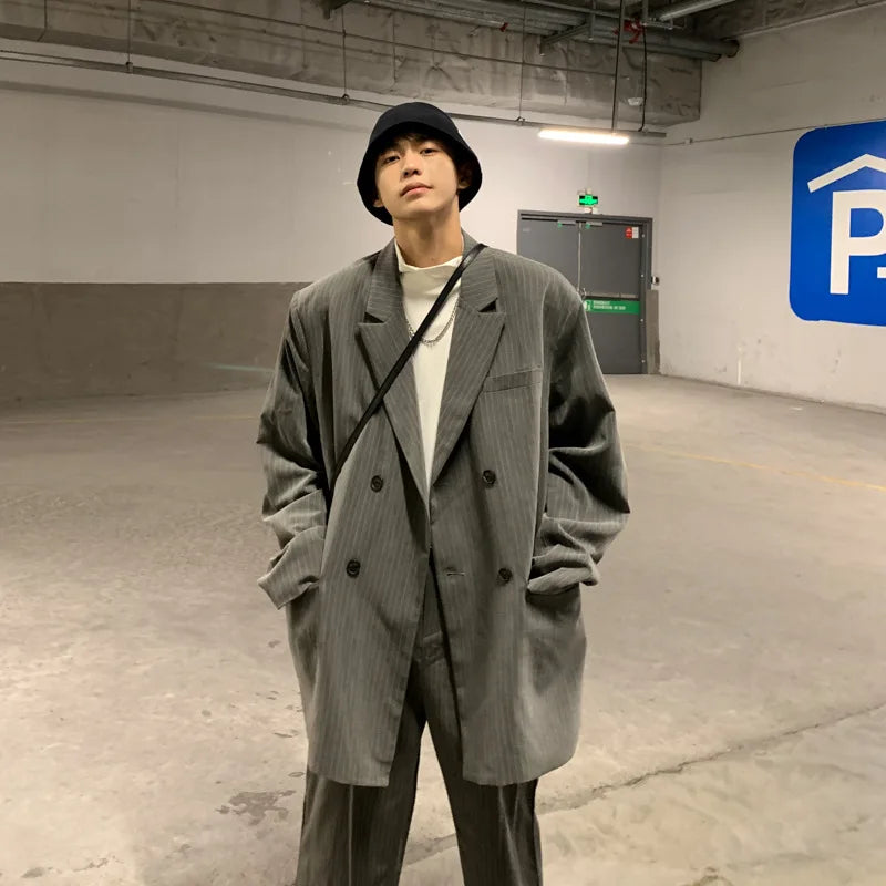 Spring Summer New Fashion Men's Korean Striped 2-piece Set Suits Blazers Pants Casual Trendy Straight Business Suit Male Sets