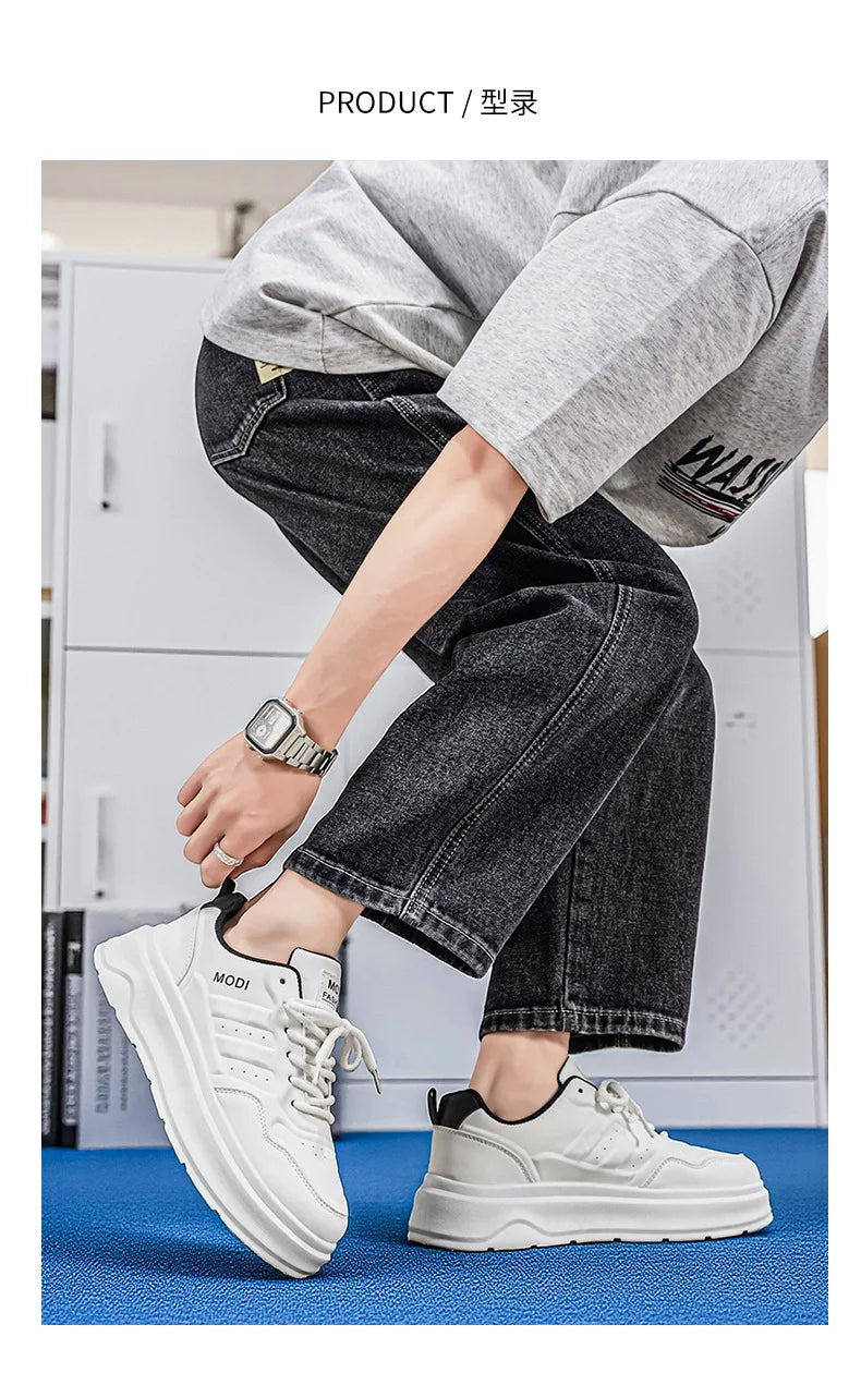 2026 Summer Men's White Platform Sneakers Leather Casual Shoes Thick Sole Streetwear Trendy Footwear