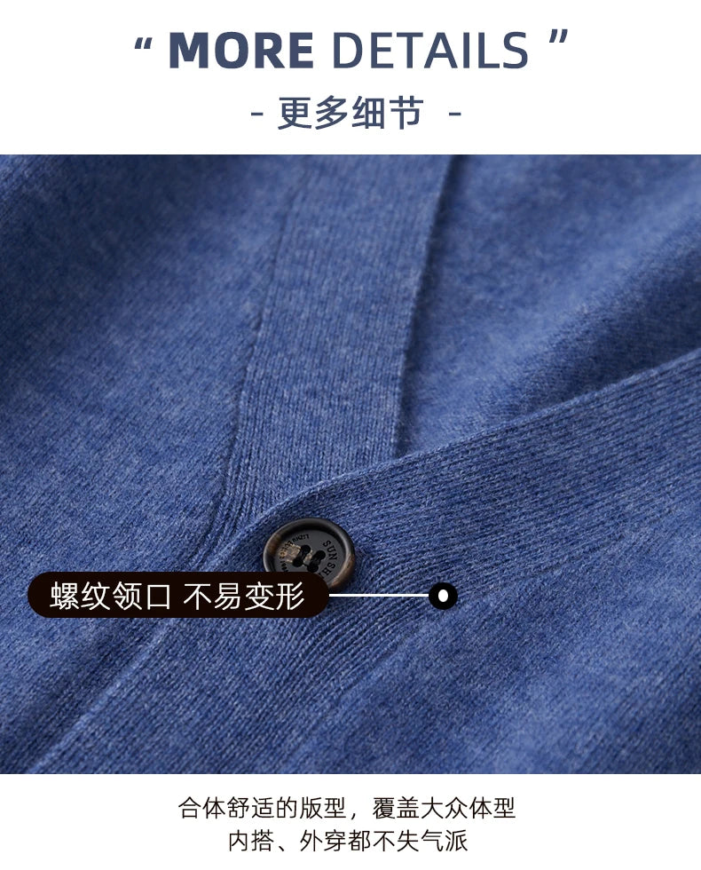 100% Pure Wool Sweater Autumn Winter New Men's Cardigan V-Neck Buckle Jacket Loose Casual Cashmere Knitted Sweater Long Sleeveds