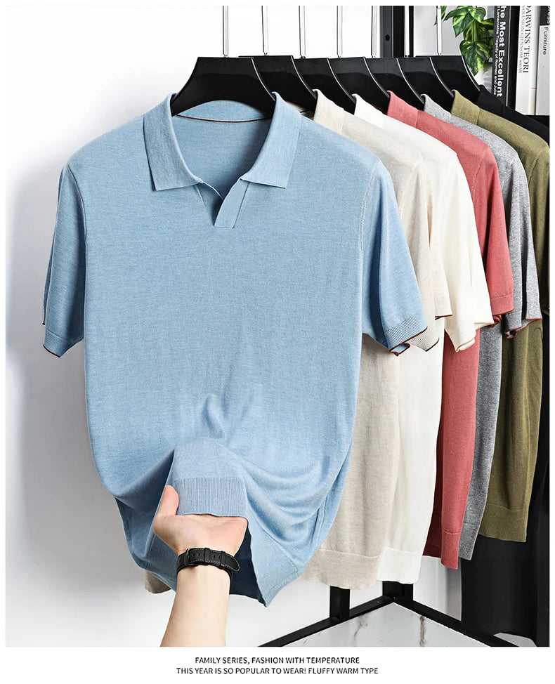 100%  Lyocell Knitwear 2025 Men Spring Summer Trendy Turn Down Collar Knit Tees Short Sleeve Breathable Knit Tops