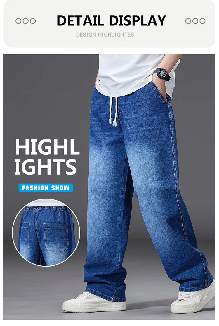 8XL Elastic Waist Men's Jeans, Loose Straight Leg Stretch Denim Pants, Plus Size Casual Streetwear, Big Size Relaxed Fit Trouser