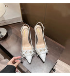 French Bride Gold Wedding Shoes spring women Thin Heel Pointed Shallow Mouth Flower Rhinodrill High Heels  Fashion Sandals