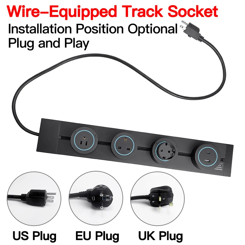 Wall Mounted Power Track Socket US EU UK Plug Adapter 40/50cm Office Electrical Outlet Wall socket USB Type C Grey Black