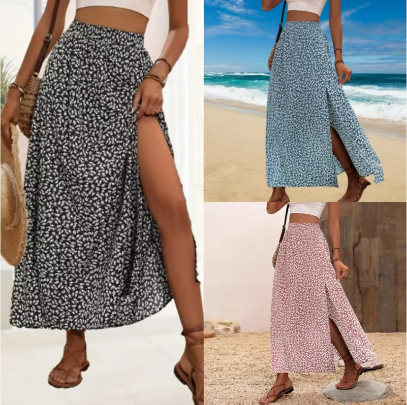 Spring and summer women's fashionable and sexy floral split high waisted elastic printed skirt