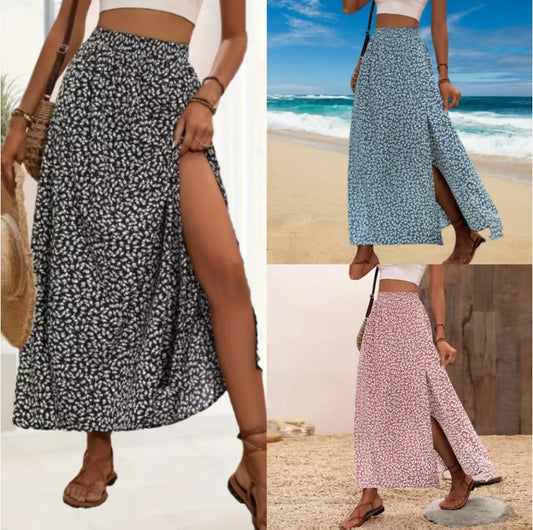 Spring and summer women's fashionable and sexy floral split high waisted elastic printed skirt