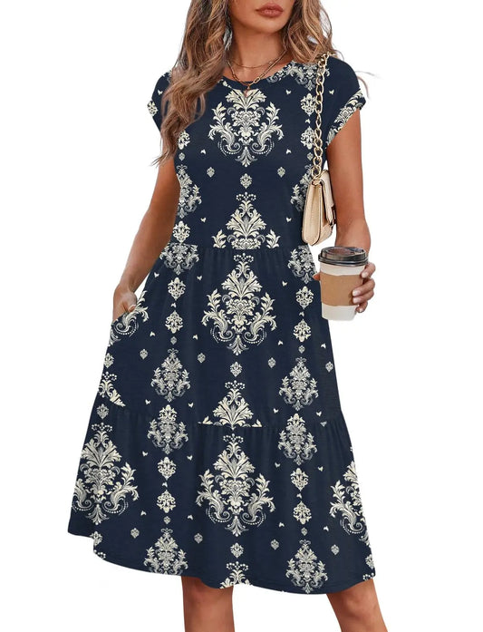 Women Cap Sleeve Casual Tiered Swing Dress Floral Print Summer Beach Vacation Dress