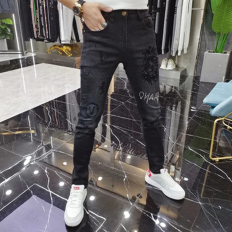 Hot-Stamped Rhinestone Men's Jeans, Trendy Brand, Stretchy Slim Fit, Embroidered and Printed Men's Trousers