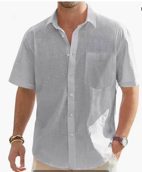 Men's Cotton Linen Short Sleeve Shirt Casual Button Down Shirt with Pocket Summer Beach Breathable Loose Tops Large size S-6XL