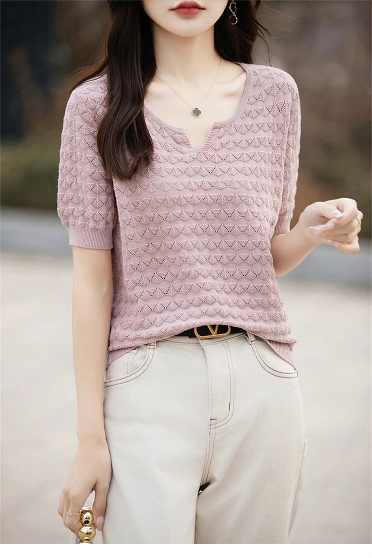 Women's T-shirt Summer New 100% Pure Cotton Tees Casual Solid Knitted Short sleeved V-neck Pullover Loose Tops Fashion Sweater