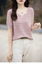 Women's T-shirt Summer New 100% Pure Cotton Tees Casual Solid Knitted Short sleeved V-neck Pullover Loose Tops Fashion Sweater