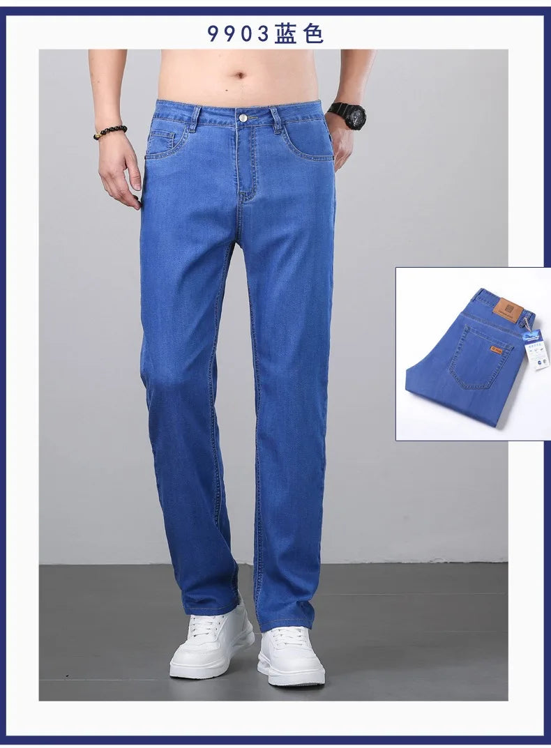 2026 Spring Summer 70% Lyocell Jeans Regular Fit Straight Ice Silk Style Business Casual Light Blue Stretch Cotton Denim