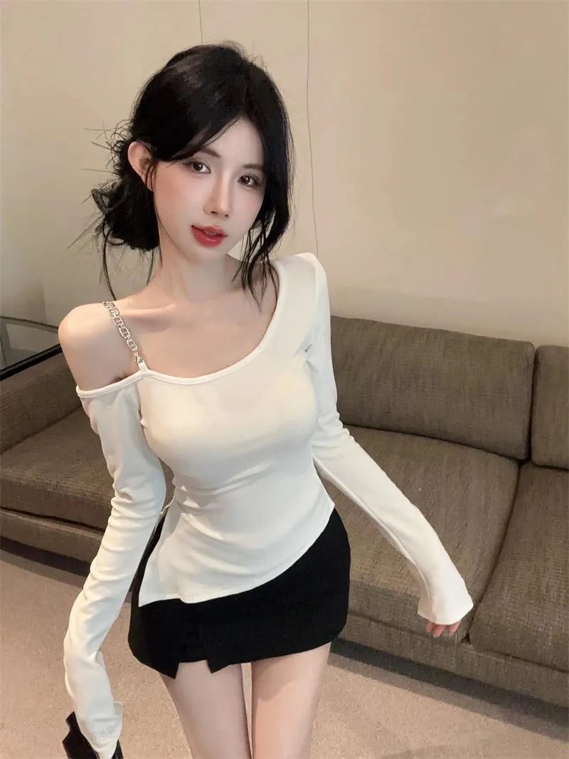 Pure And Elegant Irregular-necked Off-the-shoulder Tight T-shirt For Women
