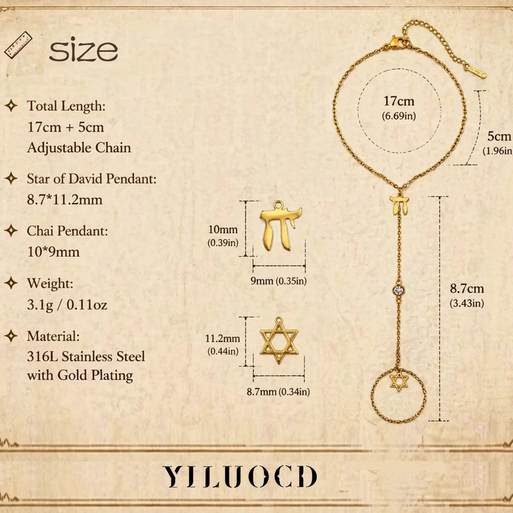 Jewish Star of David Hebrew Letter Chai Finger Bracelet Stainless Steel Adjustable Hexagram Zircon Bracelets Amulet Jewelry