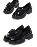 Spring Women British Style Shallow Patent Leather Black Loafers Thick Bottom Bow Platform Shoes 2024 Med Heels Single Pumps