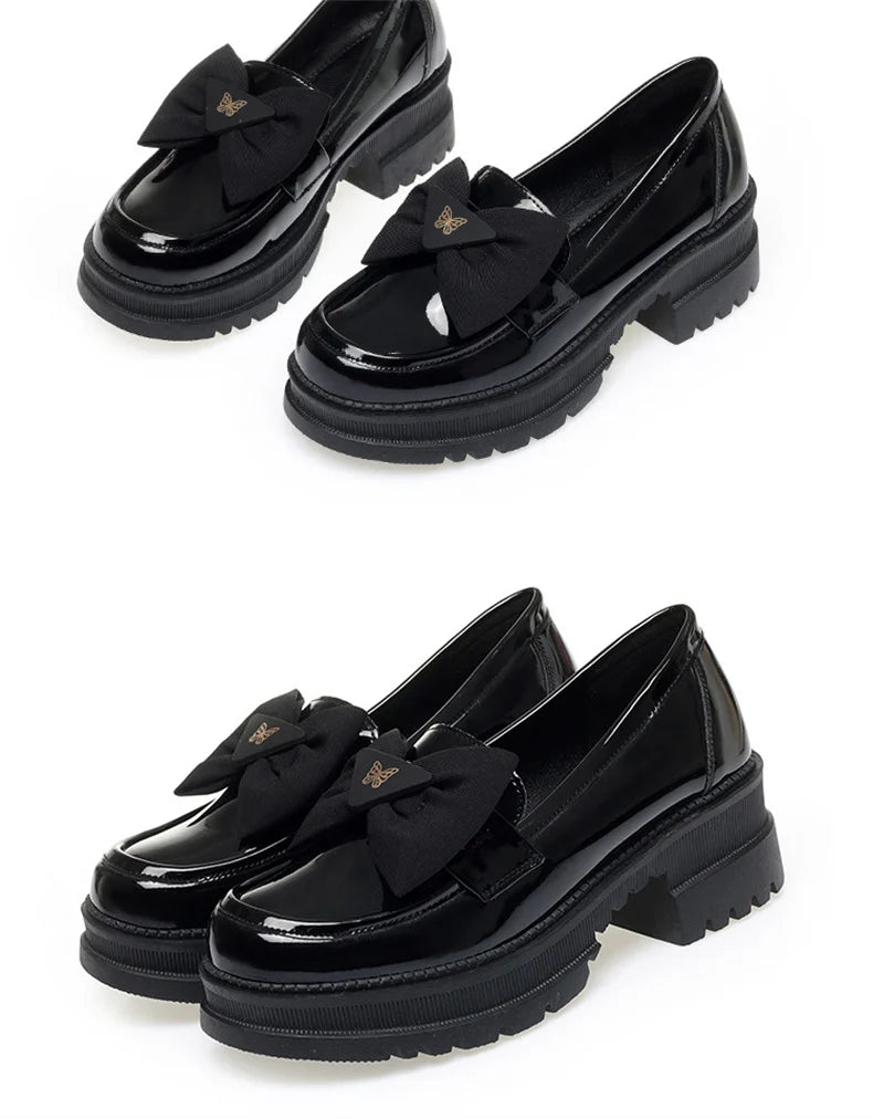 Spring Women British Style Shallow Patent Leather Black Loafers Thick Bottom Bow Platform Shoes 2024 Med Heels Single Pumps