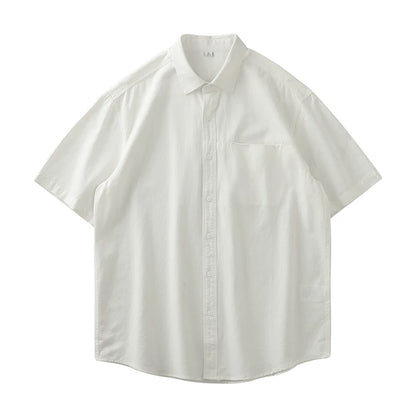 Dukeen Heavyweight Short-Sleeved Shirt Men's Summer Solid Color Lapel Pocket Casual Shirt Cotton White Shirts