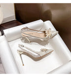 French Bride Gold Wedding Shoes spring women Thin Heel Pointed Shallow Mouth Flower Rhinodrill High Heels  Fashion Sandals