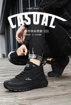 Men'S Black And White Mid Top Hiking Boots Waterproof Leather Platform Sneakers Non Slip Outdoor Casual Shoes With Rugged Sole