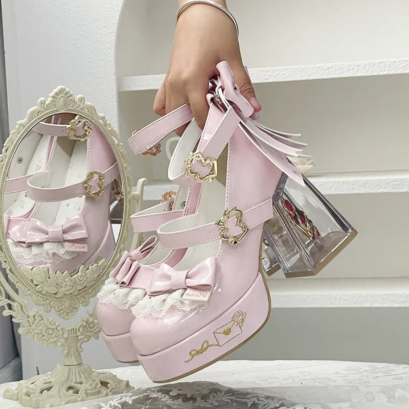 Original Design Lolita High Heeled Shoes Women Round Head Thick Sole Cute Shoes Female Versatile Elegant Mary Jane Pumps