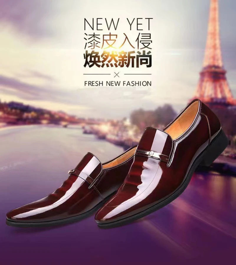 Mens Formal Wine Red Patent Leather Loafers Pointed Toe Slip On Shoes Hollow Out Non SlipBreathable Design Metal Buckle Decor