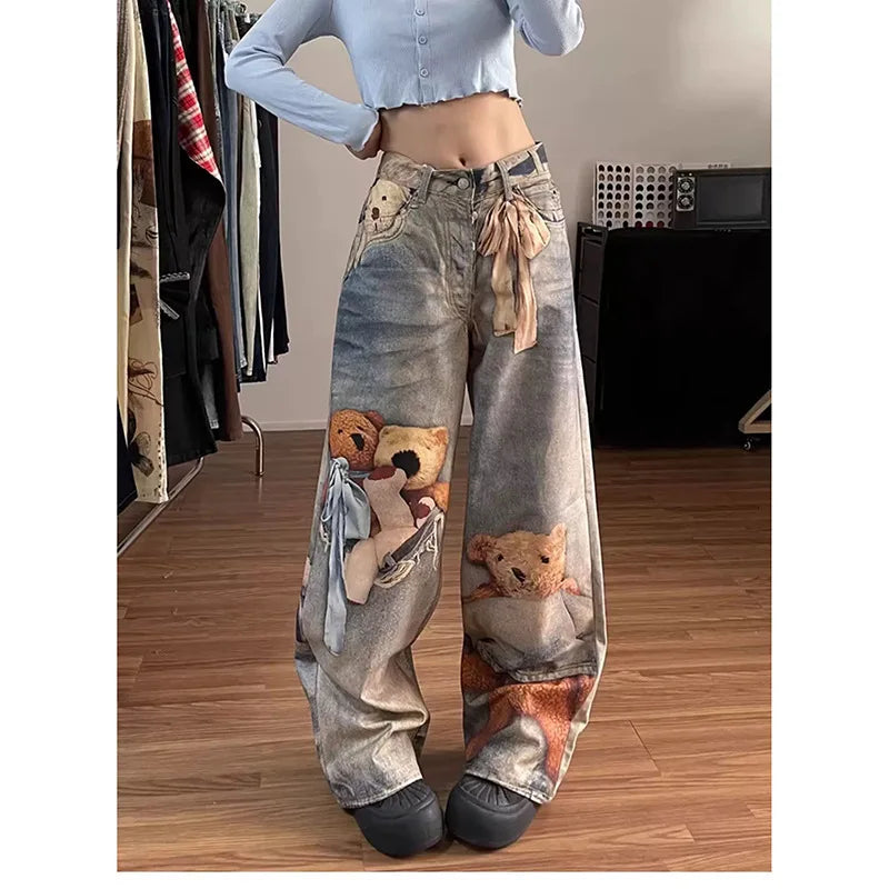2026 New Spring Women's Colorful Digital Print Bear Jeans High Waist Loose Slim Fit Straight Wide Leg Casual Denim Pants