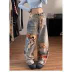 2026 New Spring Women's Colorful Digital Print Bear Jeans High Waist Loose Slim Fit Straight Wide Leg Casual Denim Pants