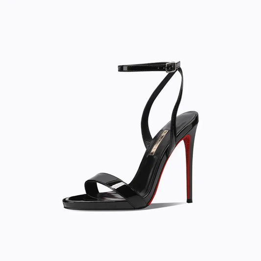 2026 new black patent leather rhinestone open toe sandals with slim heels and a straight ribbon for parties,high heels for women