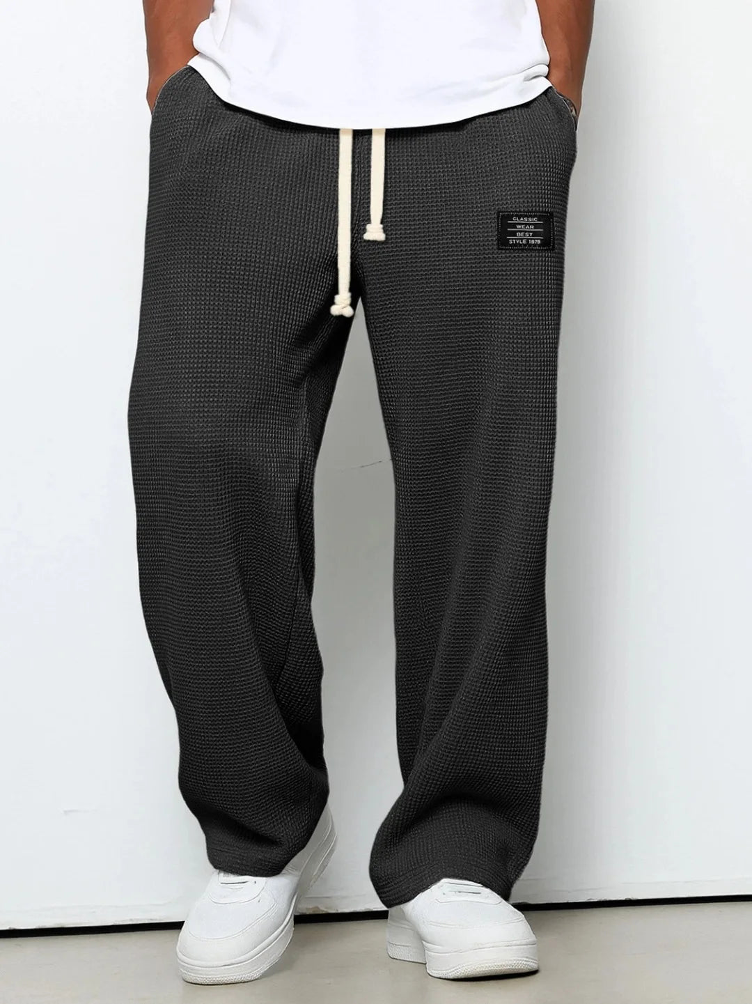 Men's spring-autumn trendy brand loose-fitting stretchy straight-leg sweatpants. Waffle fabric. Micro-bouncy sporty casual pants