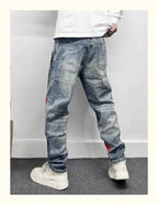 Men's Retro American Street Hip Hop Flame Skull Print Jeans Man High Street Motorcycle Denim Long Pants Baggy Jeans Men Techwear