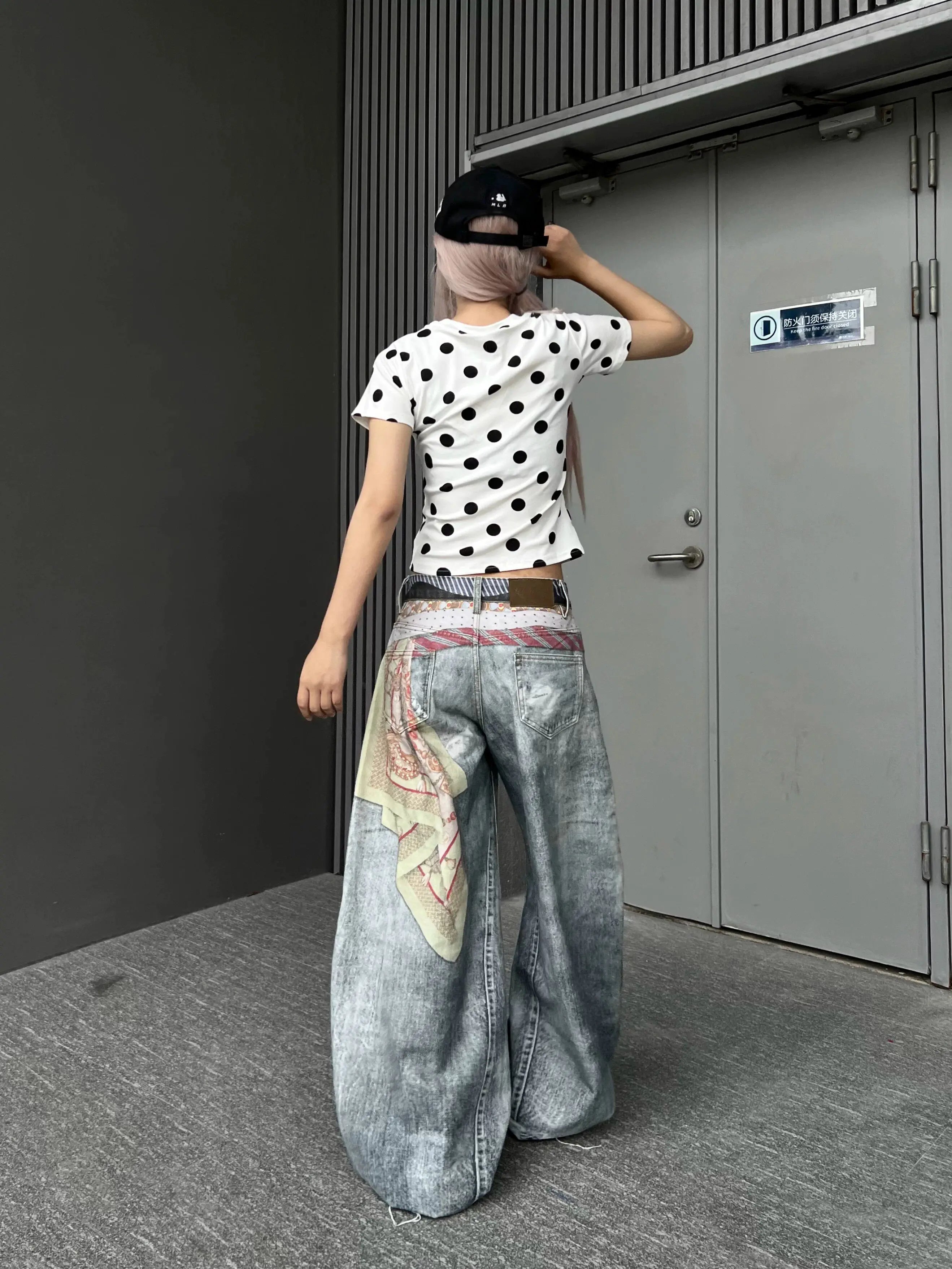 Women American Vintage Print Tie Machete Pattern Jeans Loose Wide Leg Street Hot Girl Design All Match Denim Long Trousers