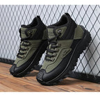 Men'S Black And White Mid Top Hiking Boots Waterproof Leather Platform Sneakers Non Slip Outdoor Casual Shoes With Rugged Sole