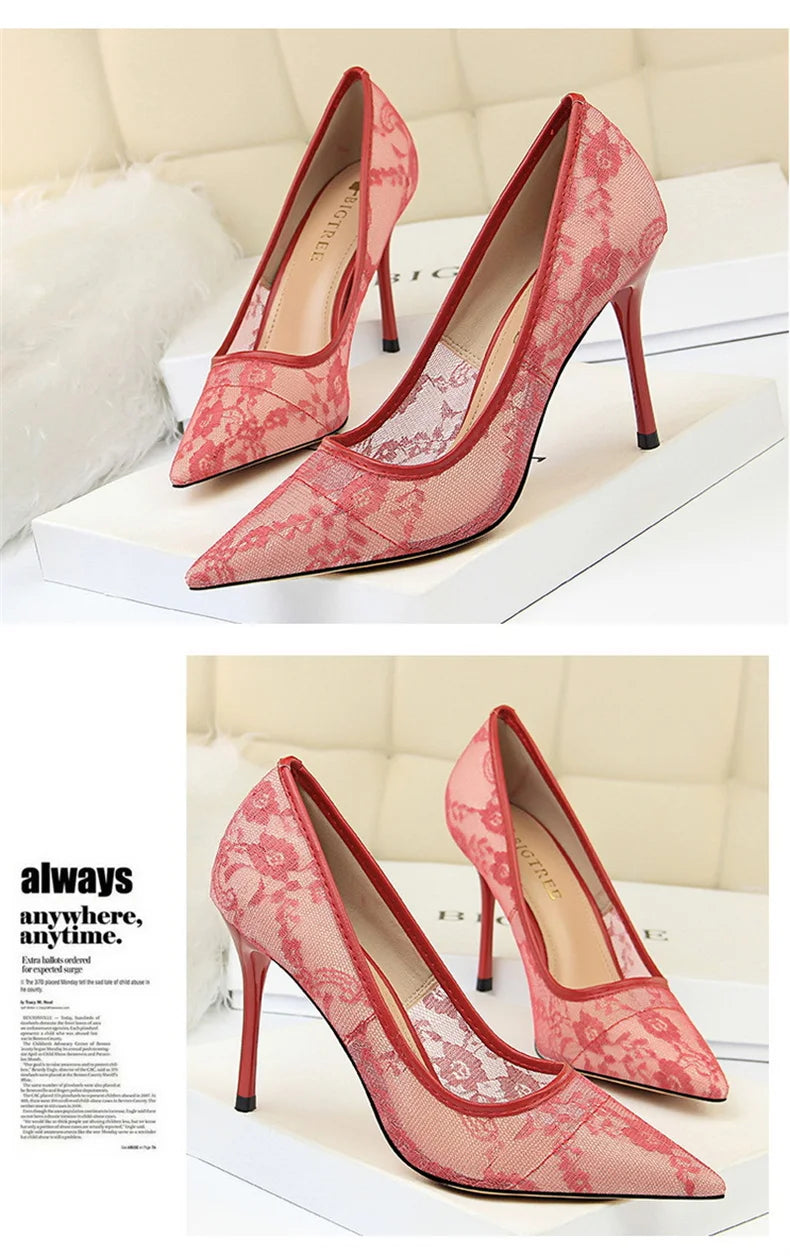 2024 Black Flower Lace Mesh Pumps Women Pointed Toe Shallow Fashion Party Single Shoes Show Thin High Heel Office Shoes