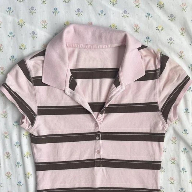 Striped Polo Collar Sweet Slim Shirt Women Short Sleeves Casual Harajuku Crop Top Japanese Style New Vintage Y2K Clothing 2025