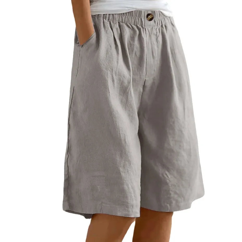 2024 Summer Women's Middle Pants Cotton and Hemp Shorts Five Quarter Pants Loose High Waist Button Shorts for Female