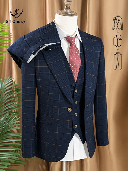 High Quality 3 Piece Checkered Suit Set Dark Blue Stylish Business Office Wedding Formal Outfit Elegant Full Man Dinner Suit