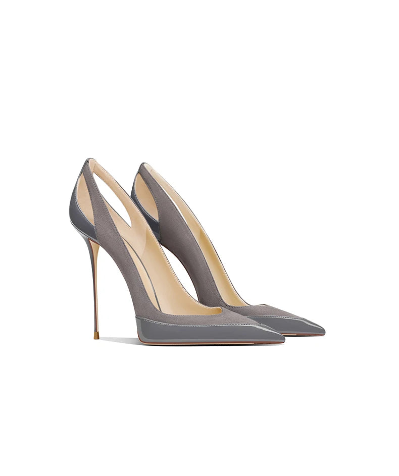 French style gray patent leather patchwork design with a sense of autumn new style pointed toe slim heel high heels for women