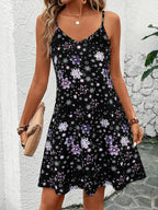 Women's Purple Floral Print Spaghetti Strap Sundress, Summer Casual V Neck Flowy A-Line Mini Dress With Side Pockets